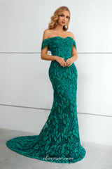 Turquose Embroidery Lace Off The Shoulder Mermaid Elegant Prom Dresses, CP0916