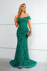Turquose Embroidery Lace Off The Shoulder Mermaid Elegant Prom Dresses, CP0916