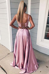Two Piece A-Line Lace Prom Dresses Candy Pink Split Formal Dress TP1170