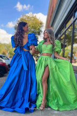 Two Piece Half Puffy Sleeves A-line Side Slit Prom Dresses, CP1068