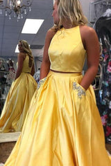 Two Piece Halter Neck Satin Long Prom Dress With Beading Pocket TP1175