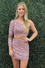 Two Pieces Light Pink Sequined Homecoming Dresses,AST1292