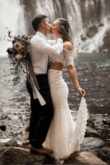 Two Pieces Lace Wedding Dresses Mermaid Half Sleeves Bridal Gowns TN268