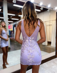 Purple Deep V Neck Homecoming Dress With Applique  SH732