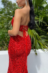 Red Sequins Strapless Long Prom Dress Mermaid Slit Evening Dress SH721