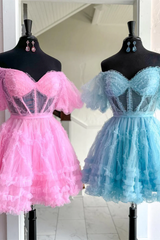 Pink Off-the-Shoulder Ruffles Puff Sleeves Homecoming Dress,Party Dress SH603