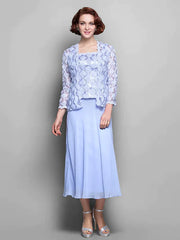 Mother of the Bride Dress Wrap Included Straps Tea Length Chiffon Lace Long Sleeve with Lace