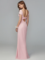 Scoop Neck Floor Length Jersey Bridesmaid Dress with Criss Cross  Draping  Open Back