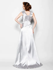 A-Line Mother of the Bride Dress V Neck Stretch Satin Sleeveless with Criss Cross Beading Side Draping
