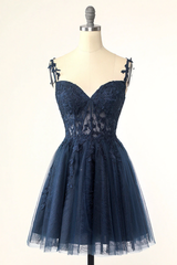Navy Blue Spaghetti Straps Short Homecoming Dress With Appliques SH577