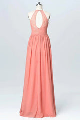 Lace Long Chiffon Peach Bridesmaid Dresses