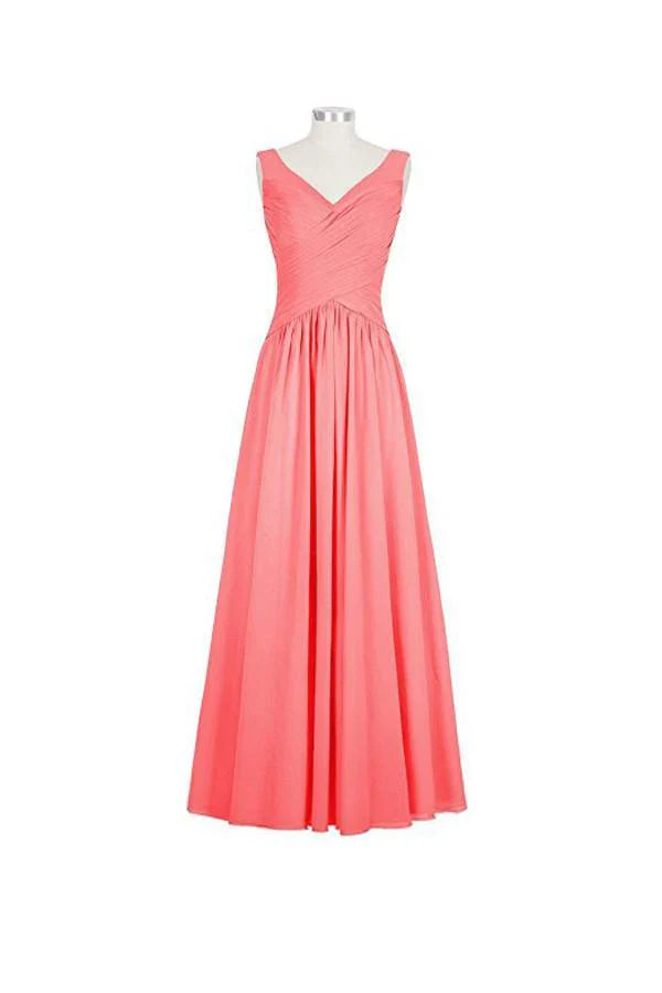V-neck Long Chiffon Straps Bridesmaid Dresses