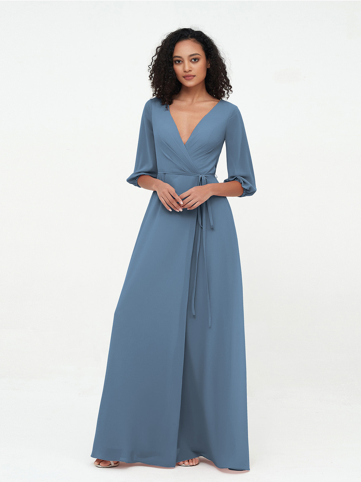 Deep V-neck 1/2 Sleeves Chiffon Max Dresses-Slate Blue