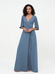 Deep V-neck 1/2 Sleeves Chiffon Max Dresses-Slate Blue