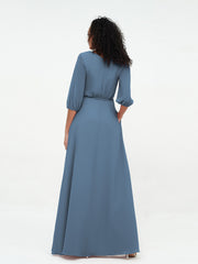 Deep V-neck 1/2 Sleeves Chiffon Max Dresses-Slate Blue
