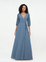 Deep V-neck 1/2 Sleeves Chiffon Max Dresses-Slate Blue