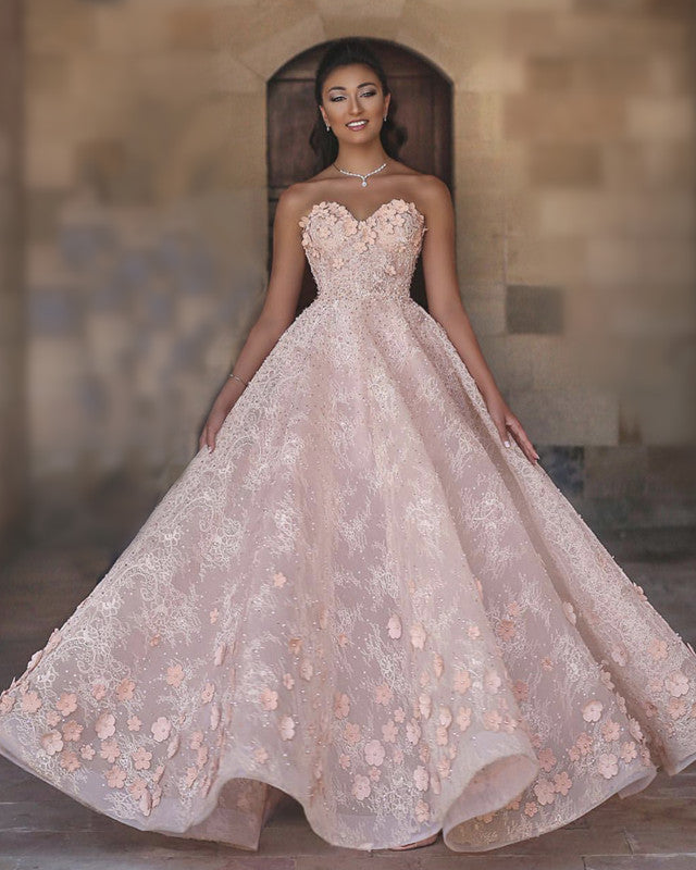 Unique Pink Lace Wedding Dresses With 3D Flowers