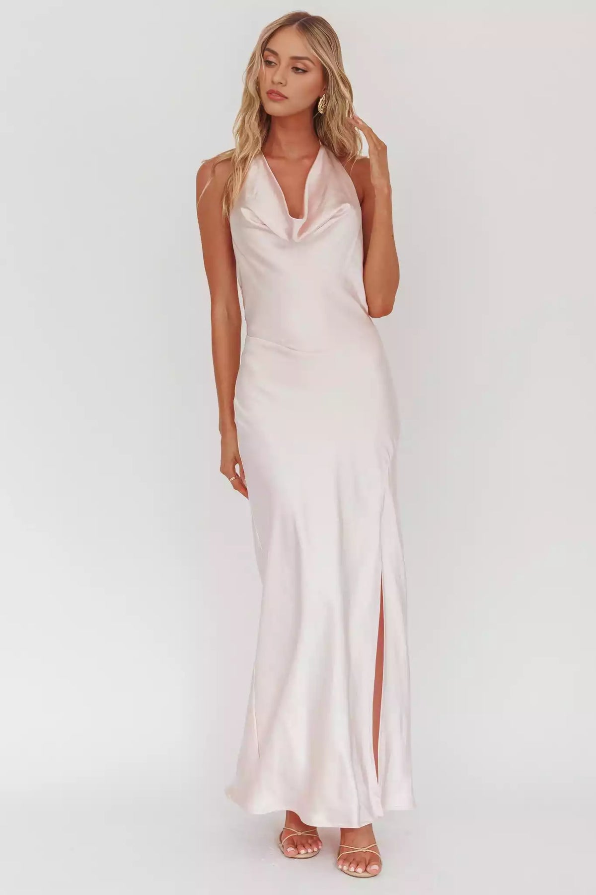 Unique backless side slit satin scarf collar with zipper at the back Prom Dresses