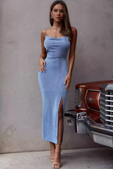 Unique medium to long stretch fabric with adjustable lining, front split straps and zipper at the back Prom Dresses