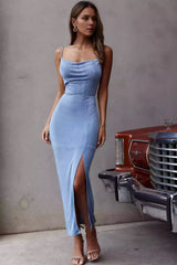 Unique medium to long stretch fabric with adjustable lining, front split straps and zipper at the back Prom Dresses