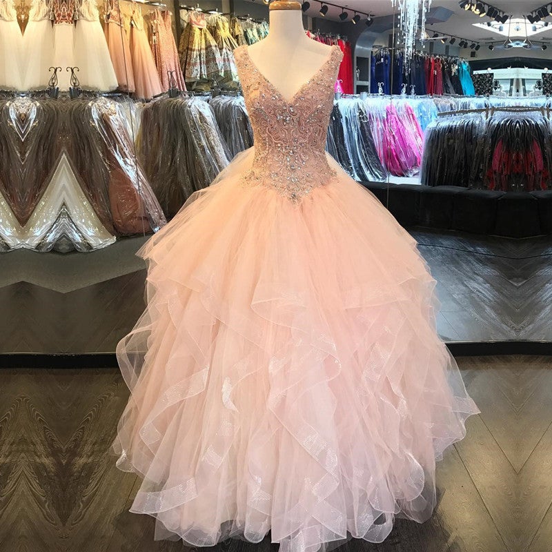 V Neck Organza Ruffles Ball Gown Quinceanera Dresses