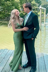 Sexy Backless Dusty Sage V-Neck Sheath Fit Prom Dress