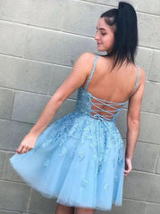 V-neck A-line Homecoming Dresses Tulle Appliqued Blue Gowns HD0144