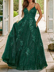 A-Line/Princess Spaghetti Straps Floor-Length Long Prom Dresses V-neck