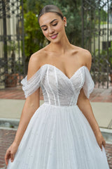 V-neck off shoulder sheer bead embellishment backless and floor length wedding dress