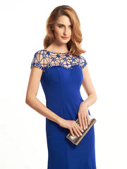 Mother of the Bride Dress Elegant Bateau Neck Jersey Short Sleeve with Beading