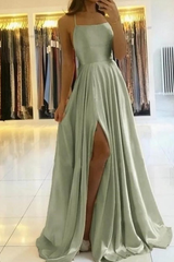 Simple A Line Sage Green Long Prom Dress With Slit Evening Party Dress KX79