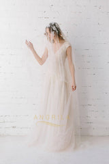 A-line V-neck Cap Sleeves Long Bridal Wedding Dresses