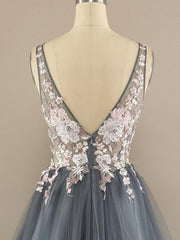 V Neck A-line Tulle Prom Dress Floral Lace Formal Dress TP1155