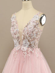 V Neck A-line Tulle Prom Dress Floral Lace Formal Dress TP1155