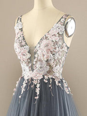 V Neck A-line Tulle Prom Dress Floral Lace Formal Dress TP1155