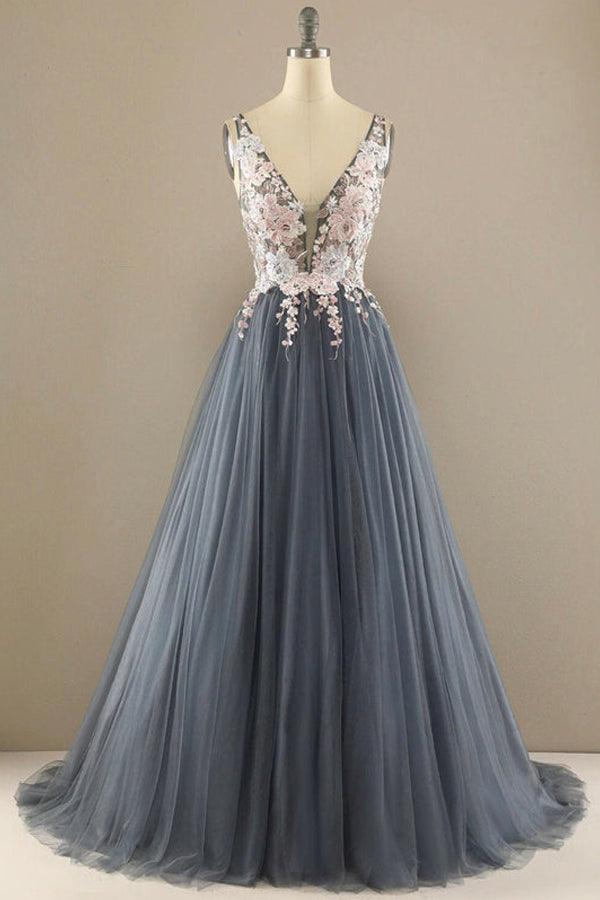 V Neck A-line Tulle Prom Dress Floral Lace Formal Dress TP1155