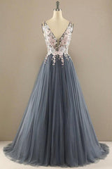 V Neck A-line Tulle Prom Dress Floral Lace Formal Dress TP1155