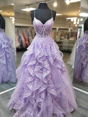 V Neck Backless Fluffy Lilac Lace Long Prom Dresses, Purple Lace Formal Evening Dresses, Lilac Ball Gown