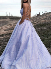 V Neck Backless Purple Long Prom Dresses, Open Back Purple Long Formal Evening Dresses