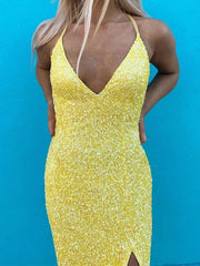 V Neck Backless Yellow Prom Dresses, Open Back V Neck Yellow Formal Graduation Dresses