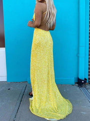 V Neck Backless Yellow Prom Dresses, Open Back V Neck Yellow Formal Graduation Dresses
