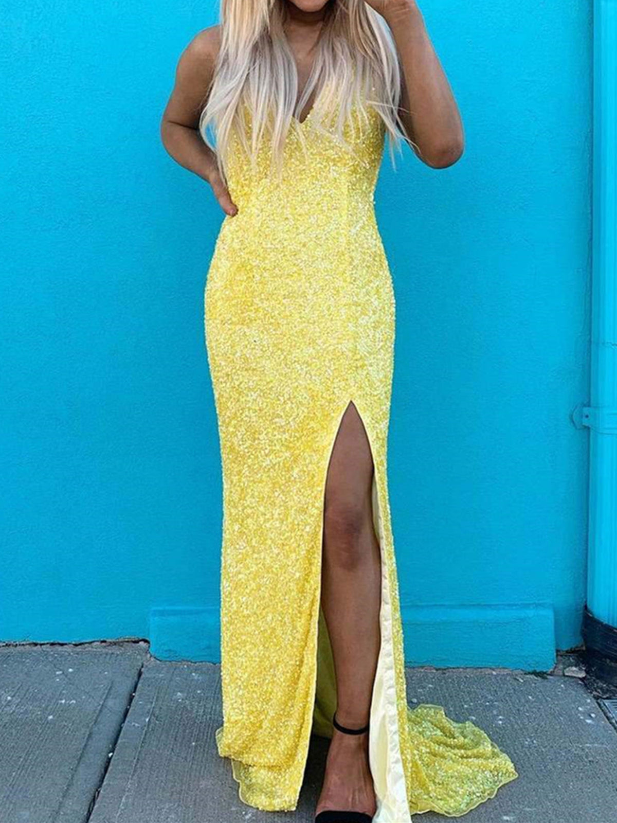 V Neck Backless Yellow Prom Dresses, Open Back V Neck Yellow Formal Graduation Dresses