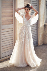 V Neck Beach Wedding Dresses Backless Train With Lace Appliques