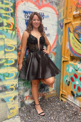 V Neck Beaded Black Lace Prom Dress, Short Black Lace Homecoming Dress, Black Formal Graduation Evening Dress A1944