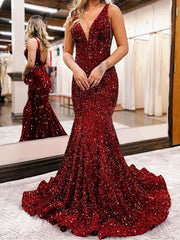 V Neck Black Blue Burgundy Mermaid Prom Dresses, V Neck Mermaid Formal Evening Dresses