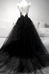 V Neck Black Lace Floral Prom Dresses, Black V Neck Lace Floral Evening Formal Dresses