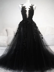 V Neck Black Lace Floral Prom Dresses, Black V Neck Lace Floral Evening Formal Dresses