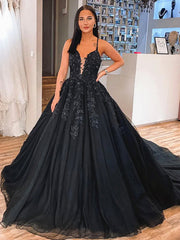 V Neck Black Long Lace Prom Dresses, Black V Neck Long Lace Formal Evening Dresses