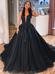 V Neck Black Long Lace Prom Dresses, Black V Neck Long Lace Formal Evening Dresses