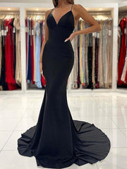V Neck Black Mermaid Prom Dresses, Black Mermaid Formal Graduation Dresses